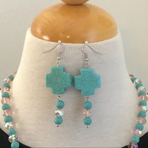 Turquoise Cross with Clear Bead Earrings